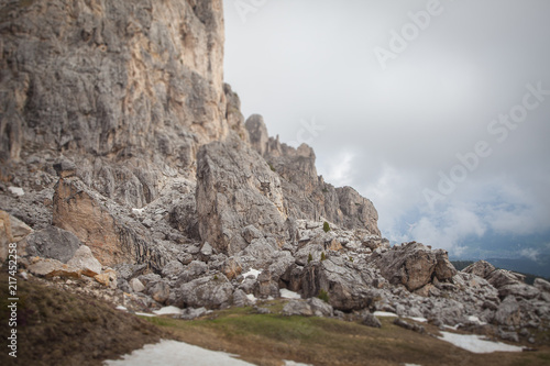 Giant, collapsed boulders at the foot of Mount Nuvolau tilt shift effect, Giau Pass, Cortina d'Ampezzo, Veneto, Italy
