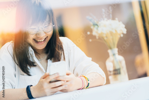 young asian woman with glasses smile and joyful happinesss moment casual relax time photo