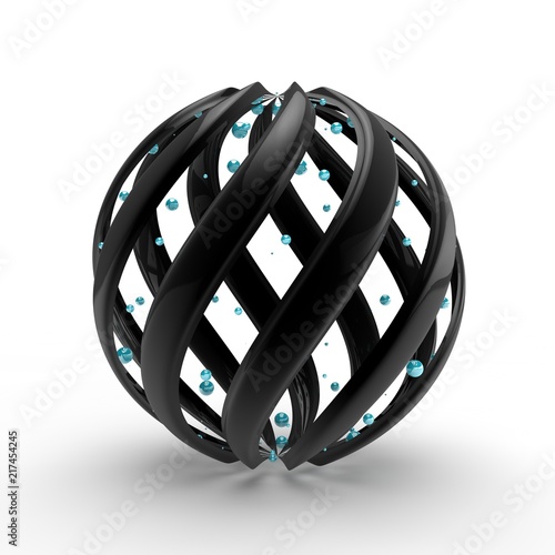 3D rendering of a large ball from a parallel swirling black spirals and many small flying balls The idea of beauty and harmony, perfection and order, chaos and elegance Abstraction on white background