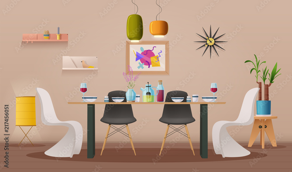 Dinning room interior with furniture. Cartoon vector illustration