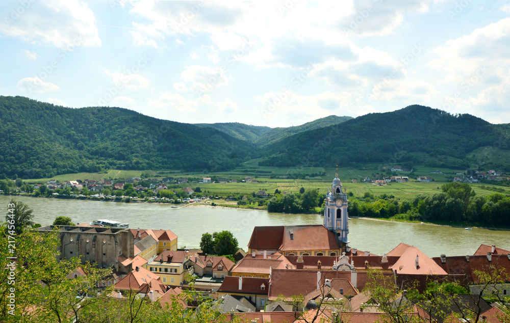 View of the town and Donau river with the castle Dürnstein in the Wachau Krems Austria.