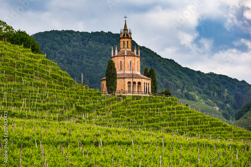 The church of Colle di San Martino is surrounded by vineyards. Prosecco region in Valdobbiadene - Italy. photo