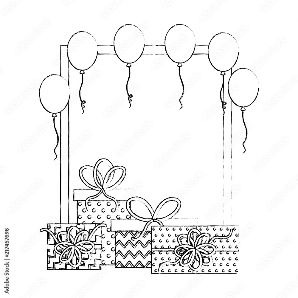 birthday gift boxes balloons frame decoration hand drawing design Stock  Vector