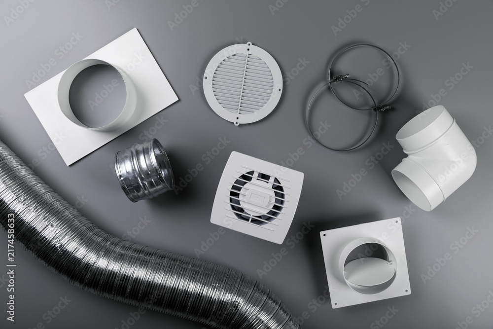 ventilation system equipment on gray background. top view - obrazy, fototapety, plakaty 