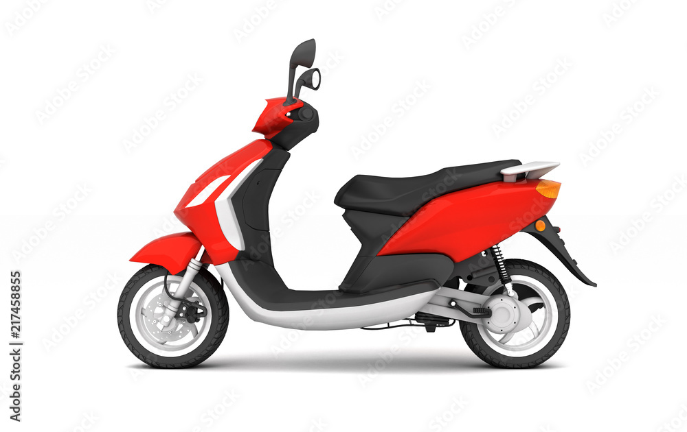 3D Rendering of red modern motor scooter isolated on white background. Side view of red moped.