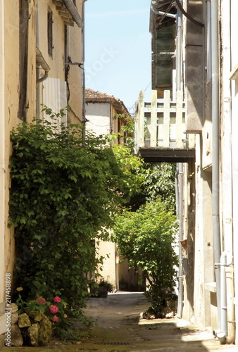 Ville d' Eymet, vieille ruelle fleurie et ombragée avec balcon, département de la Dordogne, Périgord, France photo