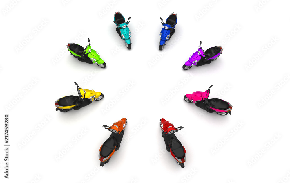 Fototapeta premium 3D Render. Group of modern multicolored motor scooters stands like circle sign front to center. Isolated on white background. Perspective. wide angle.