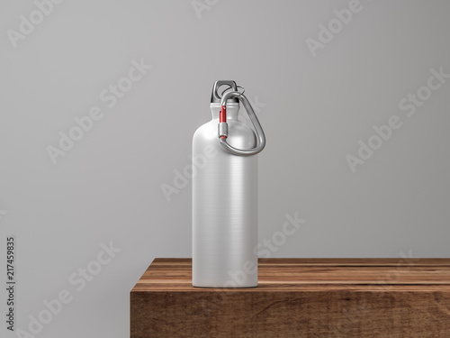 Metal water sport Bottle Mockup with carabiner on wooden table