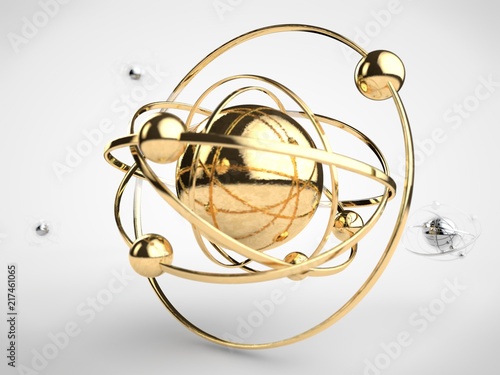 A stylized image of a Golden model of the atom, the planetary system with a large nucleus and a variety of elliptical orbits, spinning spheres. Abstract image on a white background. 3D rendering