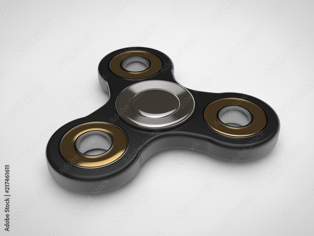 The image of the black spinner in black metal, and gold bearings on a white background. Mechanism, the gear rotation. The idea of movement, of perpetual motion, accuracy and speed. 3D rendering The image of the black spinner in black metal, and gold bearings on a white background. Mechanism, the gear rotation. The idea of movement, of perpetual motion, accuracy and speed. 3D rendering