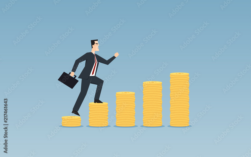 Businessman with suits holding briefcase running over golden dollar coin stack graph in flat icon design on blue color background