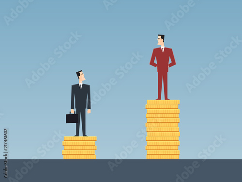 unequal salary concept of two businessmen standing on golden coin stacks in flat icon design with blue color background
