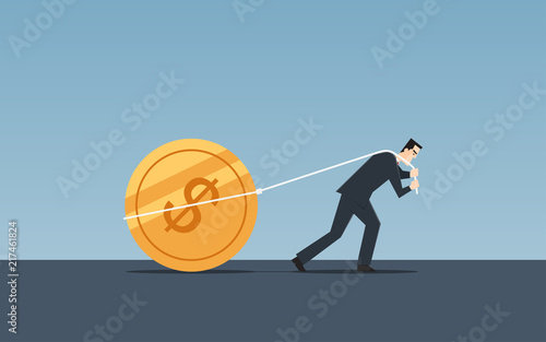 businessman pulling golden dollar coin forward on floor with rope in flat icon design and blue color background