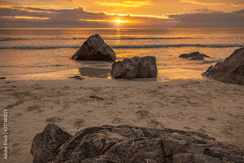 Beautiful lovely sunset on the beach in Lofoten islands, Norway