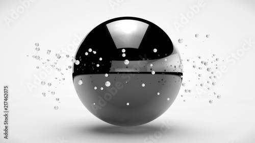 Fototapeta Naklejka Na Ścianę i Meble -  The image of a black sphere in the center of the array floating in weightlessness small white balls. Abstraction, the idea of harmony and order, chaos and freedom. 3D rendering.