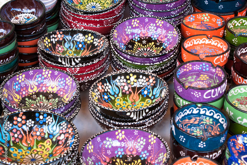 colorful ethnic hand painted Turkish ceramic plates souvenirs traditional