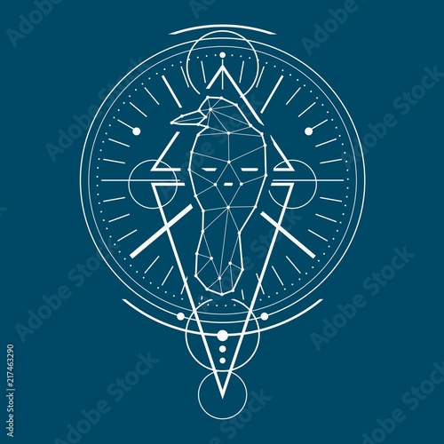 Mystical geometry symbol. Linear alchemy, occult, philosophical sign. Low poly raven. For music album cover, poster, sacramental design. Astrology and religion concept.