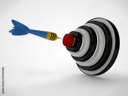 an image of a target of concentric brown rings and a dart hit the target. The image on a white background. 3D rendering. The idea of success and good luck.