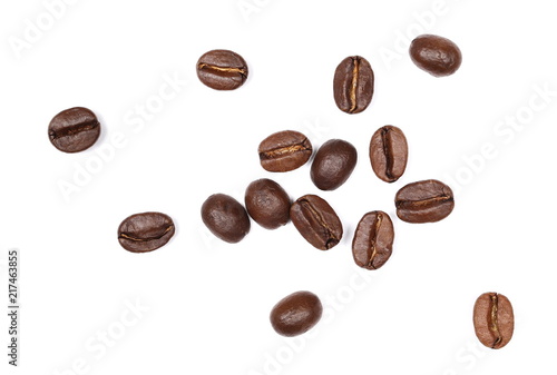 Coffee beans pile, collection isolated on white background and texture, top view