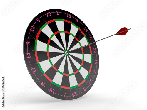 the image of the target for javelins and arrows hit the target. The image on a white background. 3D rendering. The idea of success and good luck.