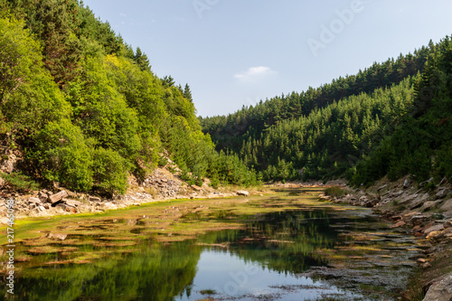 A beautiful shallow lake in a small canyon surrounded by forest and trees