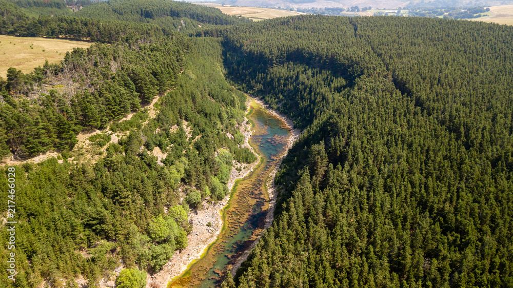 Aerial drone view of a shallow lake inside a small canyon surrounded by green forest and cliffs (Tirpentwys and Blaencuffin, Wales)