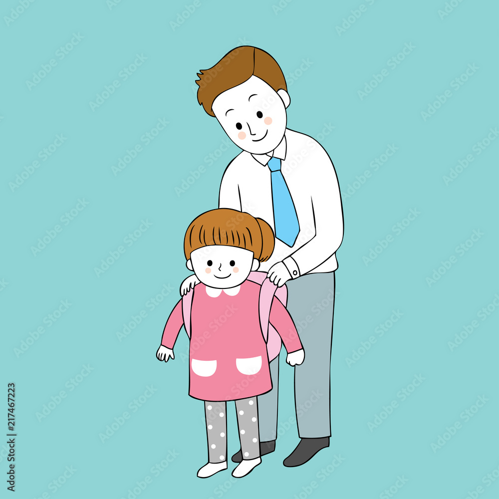 Cartoon cute dad ad daughter go to school vector. Stock Vector | Adobe Stock