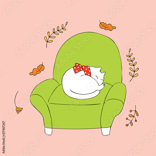 Cartoon cute Autumn cat sleeping vector.