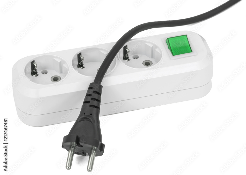 White electric splitter with green switching for for simultaneous switching of several electrical appliances, isolated on white background White electric splitter with green switching for for simultaneous switching of several electrical appliances, isolated on white background