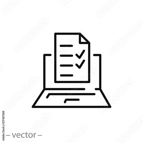 Online form icon, survey on laptop linear sign isolated on white background - editable vector illustration eps10