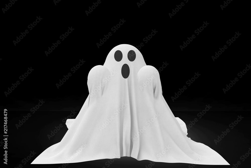 3d rendering. fantacy halloween white cloth ghost costume isolated on black background.