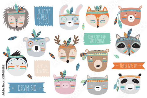 Vector indian tribal animals faces collection with motivational slogan
