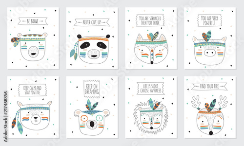 Vector collection of postcards with indian tribal animals faces with motivational slogan
