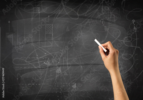 Female hand holding white chalk in front of a blackboard with scribbles and plans drawn on it 