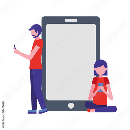 man and woman using cellphones devices smartphone vector illustration