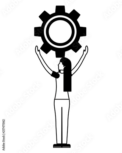 back view woman holding gear work vector illustration