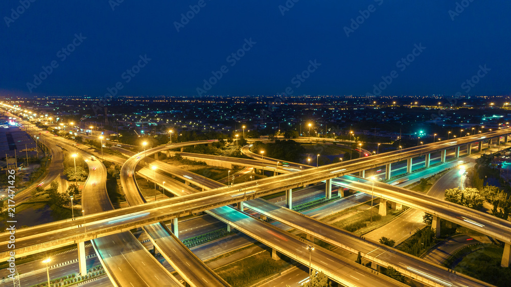 Aerial view network or intersection of highway road for transportation or distribution concept background.