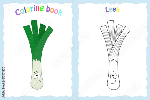 Coloring book page for  children with colorful leek  and sketch 