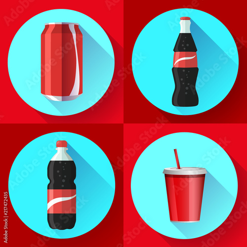 soda bottle set with red lable flat vector icon set.