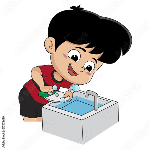 Kid help their parents wash dishes.