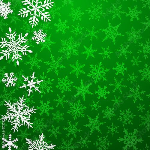 Wallpaper Mural Christmas illustration with big white snowflakes with shadows on green background Torontodigital.ca