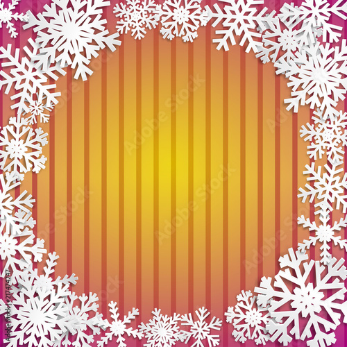 Christmas illustration with circle frame of big white snowflakes with shadows on striped yellow and purple background