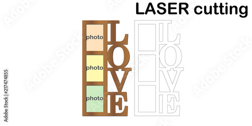 Frame for photos with inscription 'Love' for laser cutting. Collage of photo frames. Template laser cutting machine for wood and metal. The perfect gift for St. Valentine's Day.