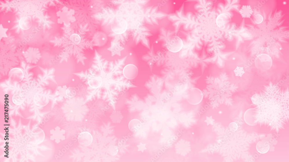 Christmas illustration with white blurred snowflakes, glare and sparkles on pink background Christmas illustration with white blurred snowflakes, glare and sparkles on pink background
