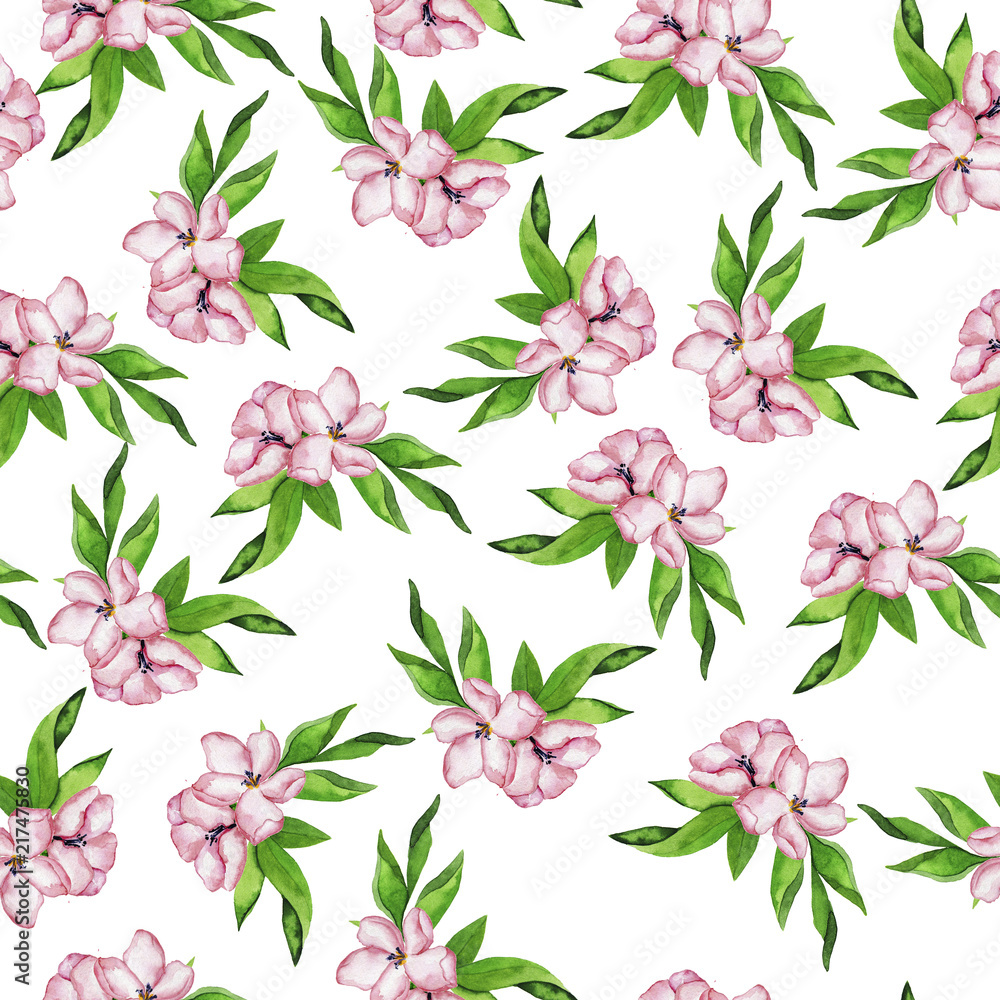 Seamless pattern with pink summer flowers and fresh green leaves on white background. Hand drawn watercolor illustration.