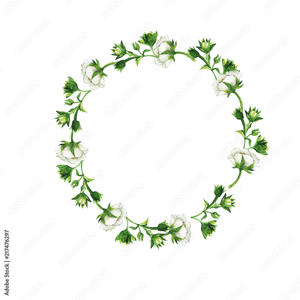 Strawberry flowers and leaves garland isolated on white background. Hand drawn watercolor illustration.