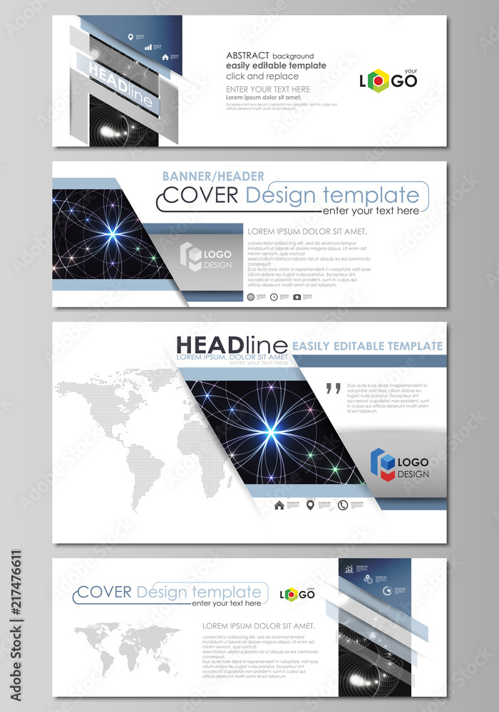 Naklejka premium Social media and email headers set, modern banners. Business templates. Abstract design template, vector layouts in popular sizes. Sacred geometry, glowing geometrical ornament. Mystical background.