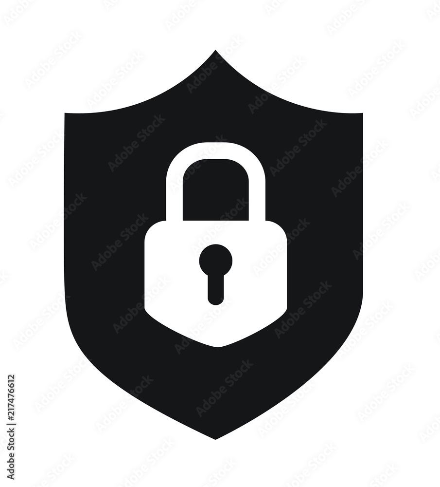 black simple flat icon of internet web security, shield with padlock, data protection concept black simple flat icon of internet web security, shield with padlock, data protection concept
