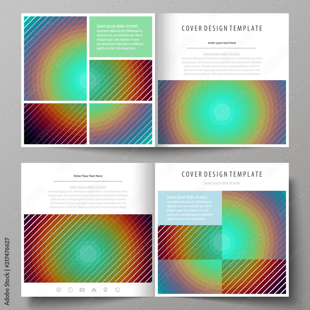 Business templates for square bi fold brochure, flyer, report. Leaflet cover, abstract vector layout. Minimalistic design with circles, diagonal lines. Geometric shapes forming retro background