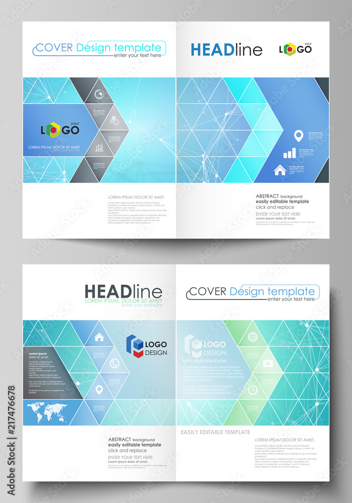 Business templates for bi fold brochure, flyer. Cover design template, vector layouts, A4 size. Chemistry pattern, connecting lines and dots, molecule structure, medical DNA research. Medicine concept